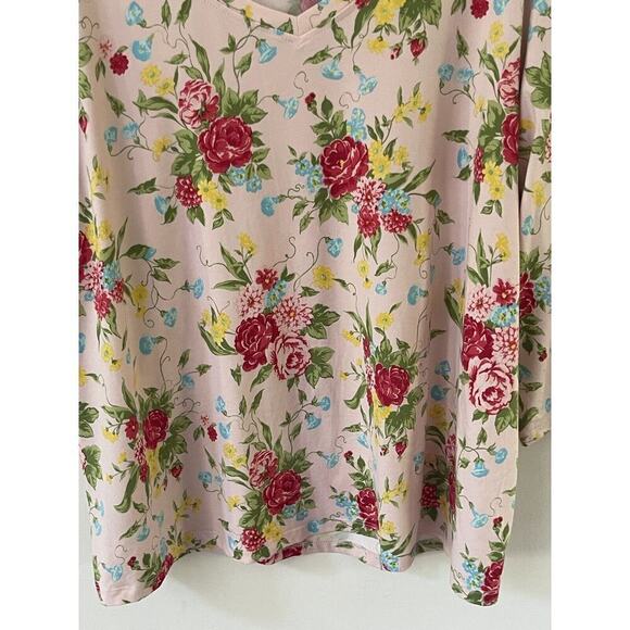 Pioneer Woman 3/4 Sleeve XXL Pink Red Floral V-Neck Top T-Shirt Cotton Blend - Picture 2 of 10